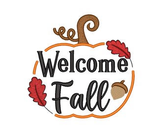 Herfst pompoen esdoornblad welkom herfst borduurontwerp, 4 maten, direct downloaden