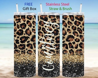 Personalized tumbler animal print Leopard Tumbler cheetah tumbler faux glitter with stainless steel straw custom personalized tumbler cup