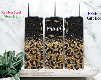 Cheetah tumbler Personalized tumbler Leopard tumbler animal print tumbler cheetah tumbler with straw custom name black faux glitter tumbler