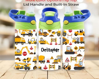 Gift for kids who like tractors personalized water bottle tumbler custom name cup tractor kids flip top stainless steel tumbler sippy cup