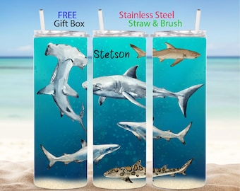 Personalized sharks tumbler gift for him her Shark tumbler cup 20 oz Ocean lover gift tumbler with straw Oceanographer gift Shark lover gift