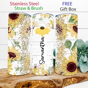 Sunflower tumbler personalized custom name faux glitter sunflower tumbler cup Sunflower gift for her Sunflower floral tumbler with straw