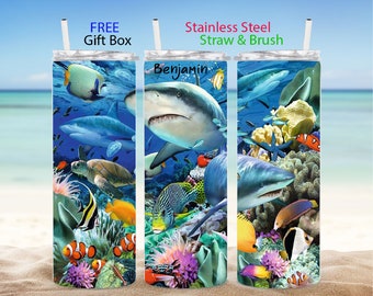 Sharks tumbler personalized Tropical ocean name cup Water vacation cup birthday retirement gift Shark lover gift Father's Day gift Christmas