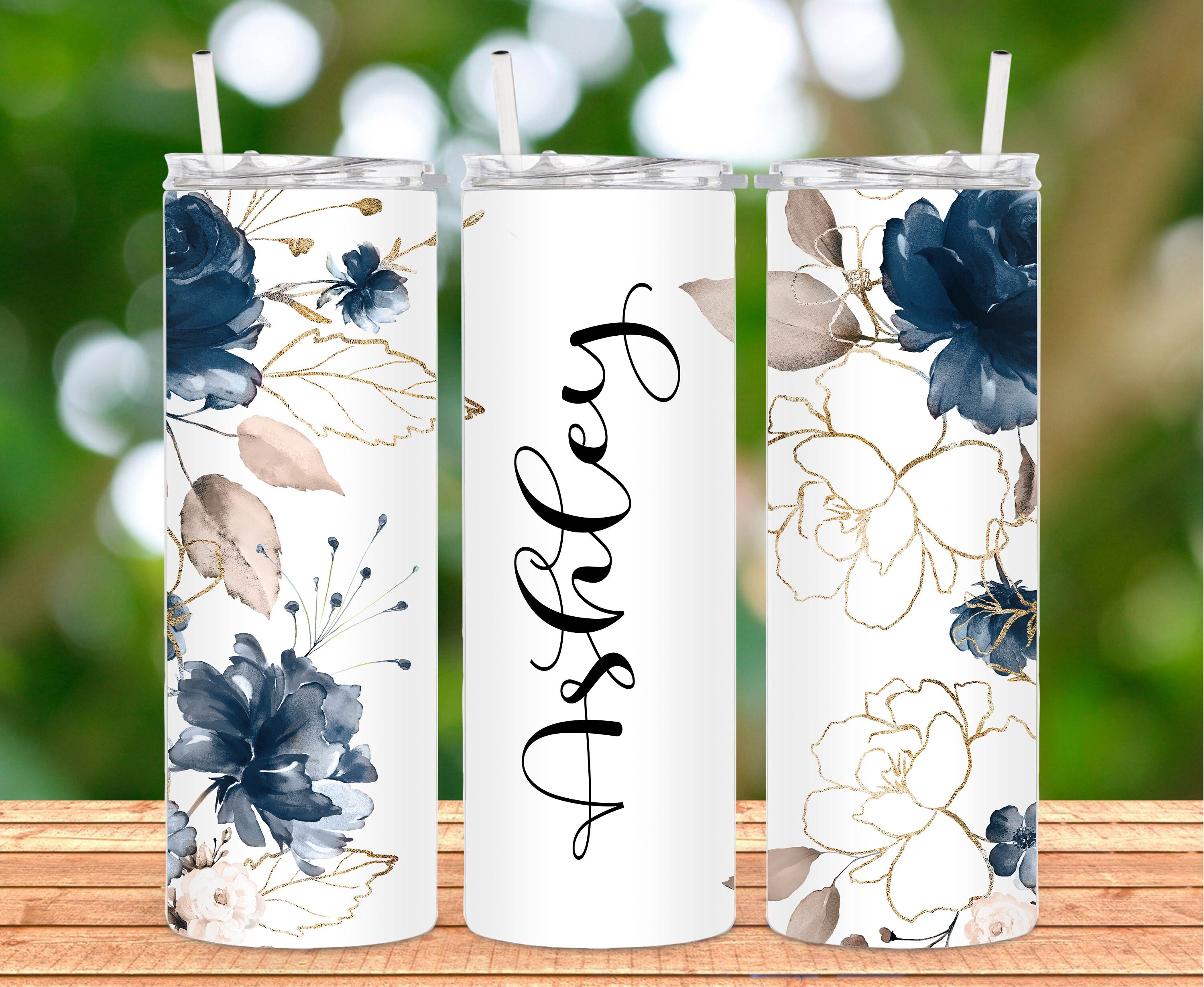 Personalized Blue Gold Roses Tumbler 20oz Gold Roses Blue Etsy