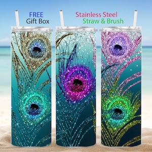 Peacock feathers tumbler Peacock gift for her Peacock feather tumbler Peacock cup Peacock gift for women her Peacock tumbler cup with straw