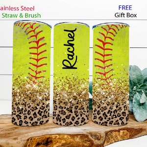 Personalized softball tumbler Custom name softball tumbler Softball gift for her Softball faux glitter cheetah leopard tumbler Softball cup