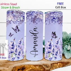 Butterfly lavender tumbler Personalized tumbler cup Butterfly gift for her Lavender tumbler gift Custom name purple floral butterfly cup
