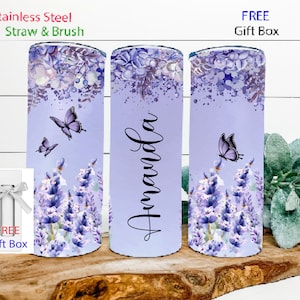 Butterfly lavender tumbler Personalized tumbler cup Butterfly gift for her Lavender tumbler gift Custom name purple floral butterfly cup
