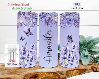 Butterfly lavender tumbler Personalized tumbler cup Butterfly gift for her Lavender tumbler gift Custom name purple floral butterfly cup