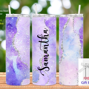 Lavender purple agate tumbler Personalized tumbler cup Purple tumbler gift for her Custom name cup Lavender Purple gold faux glitter tumbler