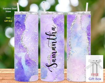 Lavender purple agate tumbler Personalized tumbler cup Purple tumbler gift for her Custom name cup Lavender Purple gold faux glitter tumbler