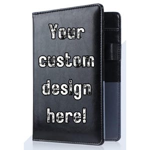 May include: Black leather wallet with the text "Your custom design here!" in white. The wallet has a textured surface and a sleek, professional appearance. The wallet is designed to hold cards and cash.