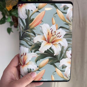 White Lily Restaurant Server Book, Botanical Floral Waitress Wallet, Teal Background Server Organizer