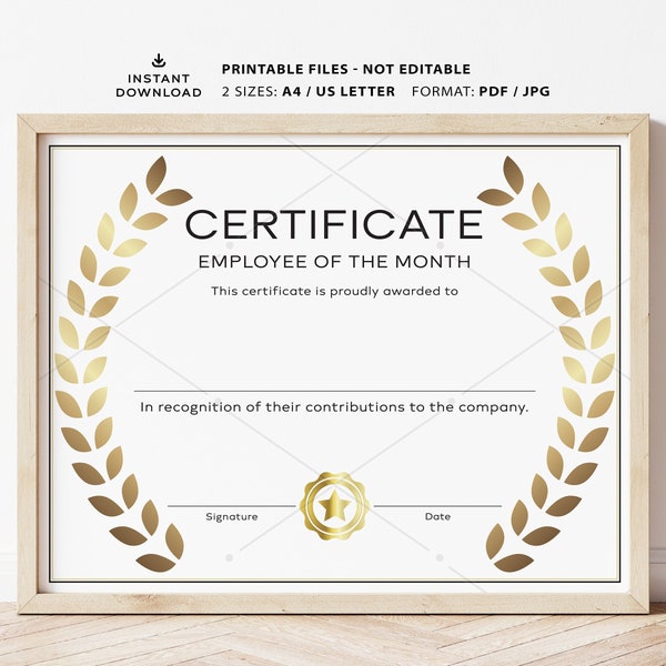 Printable Employee of the Month Award, Employee Recognition, Gift Certificate, Employee Appreciation Certificate US Letter and A4 size, A001