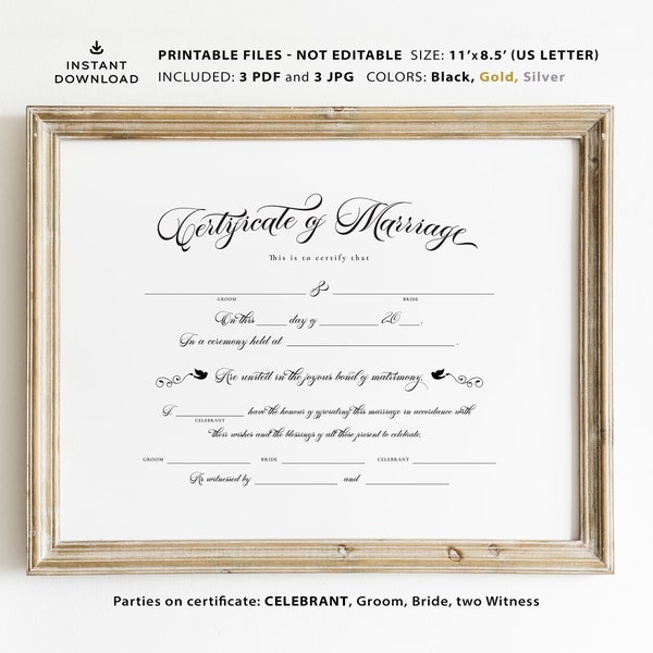 PRINTABLE Celebrant Wedding Certificate of Marriage Stylish Calligraphy Wedding Keepsake Marriage Certificate in Black Gold Silver DOWNLOAD