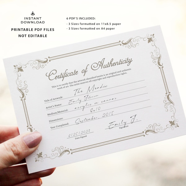 PRINTABLE Certificate of Authenticity for Original Artwork CoA Artist Authenticity Certificate Template, Artist CoA Certificate DOWNLOAD