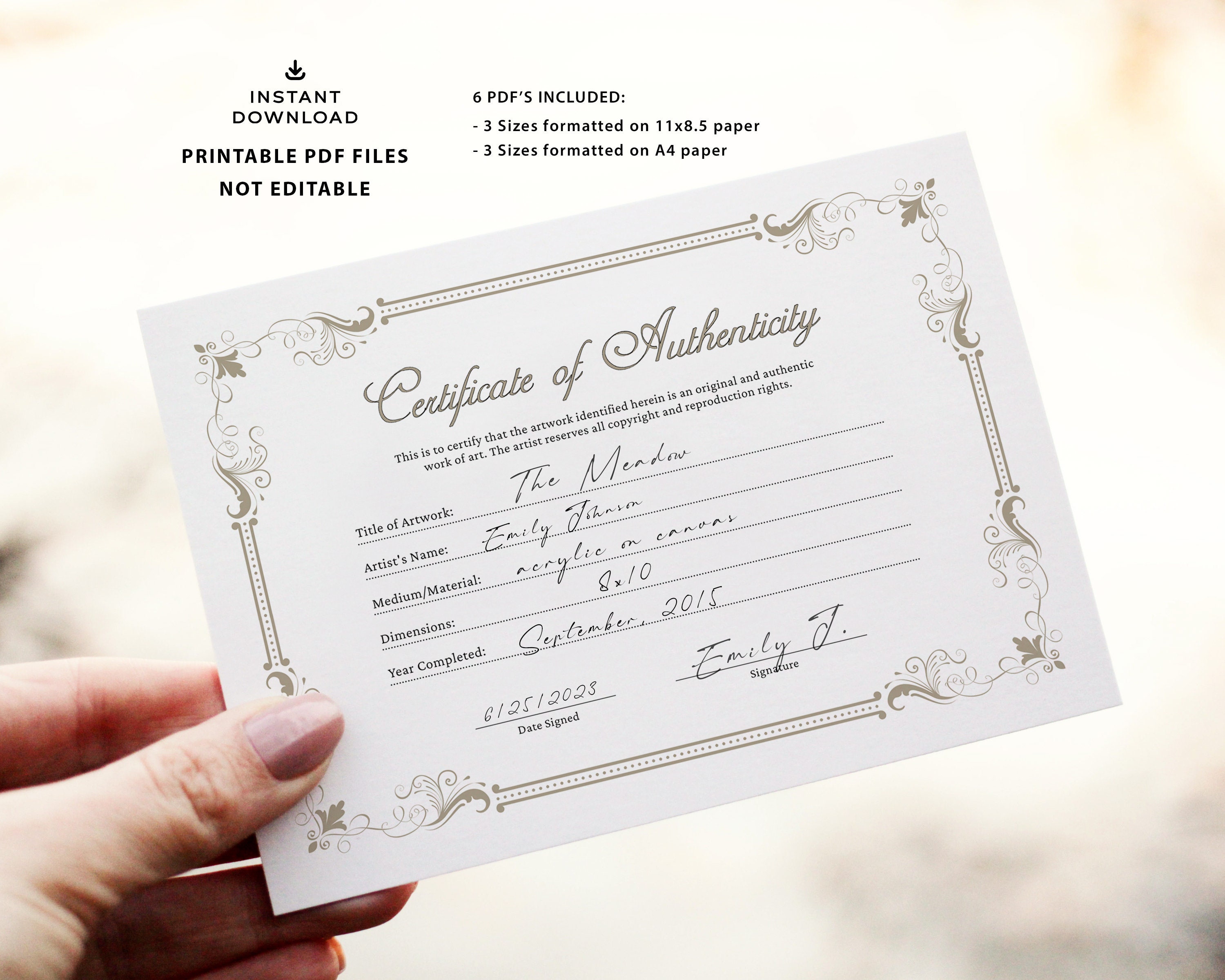 Certificate of Authenticity White Modern Simple. Printable A4 