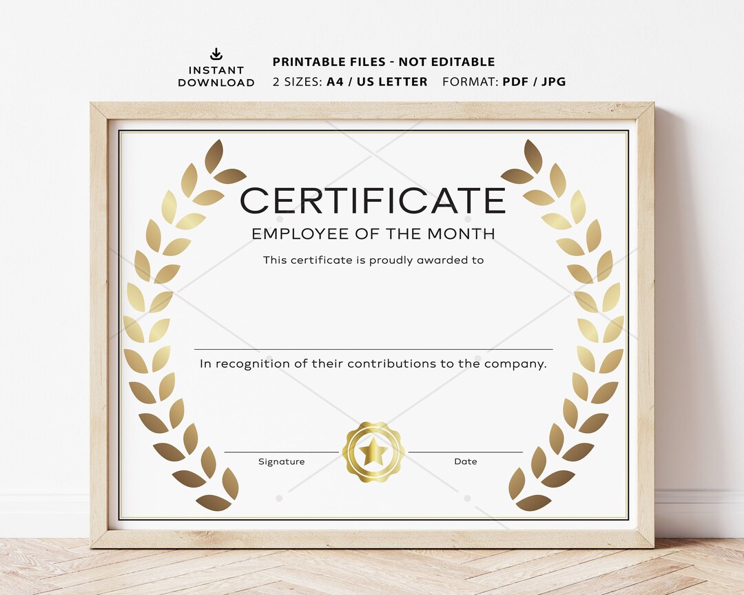 Printable Employee of the Month Award, Employee Recognition, Gift ...