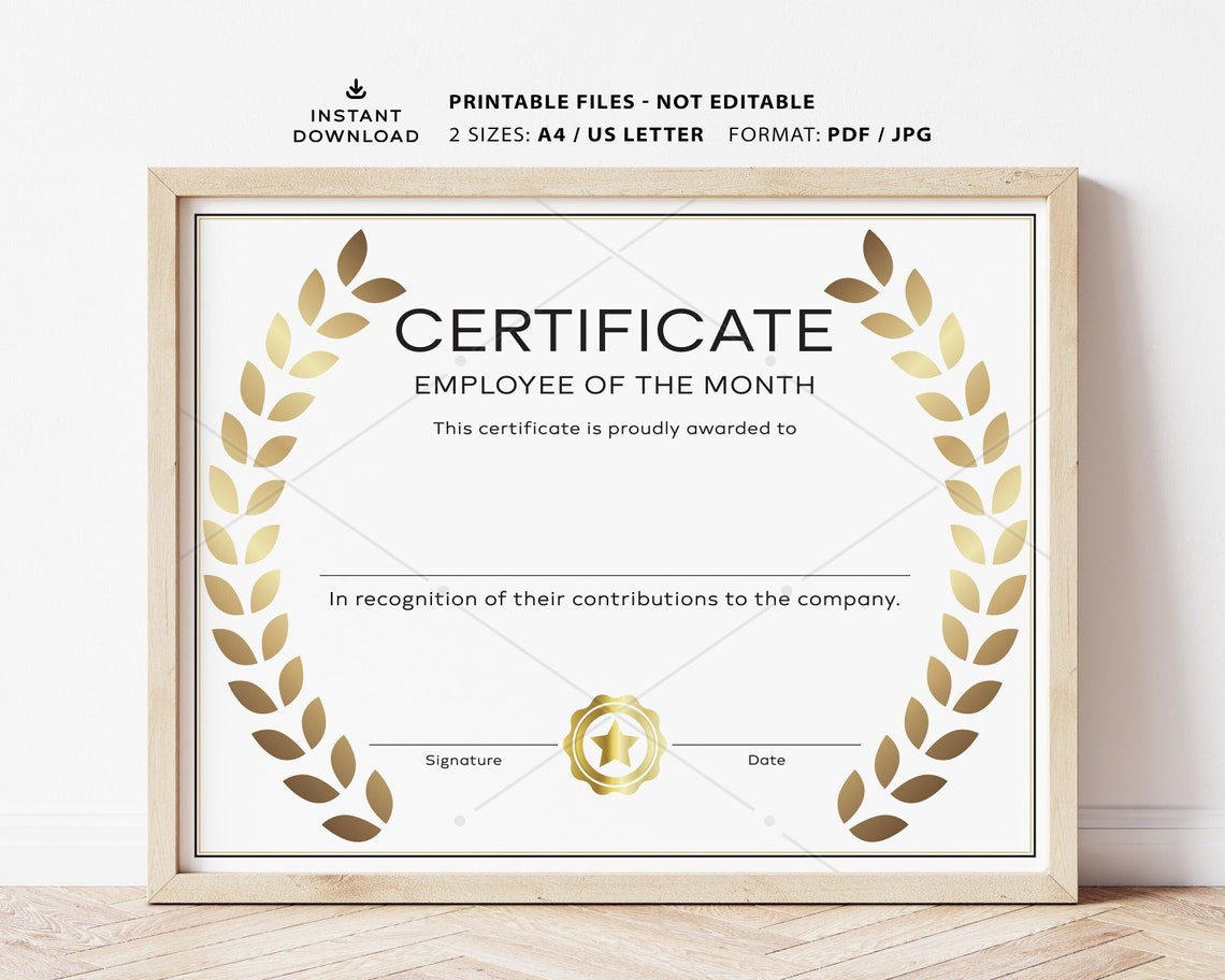 Printable Employee of the Month Award, Employee Recognition, Gift ...