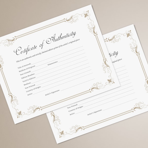 PRINTABLE Certificate of Authenticity Limited Edition for Original Artwork CoA Artist Authenticity Certificate Template, DOWNLOAD