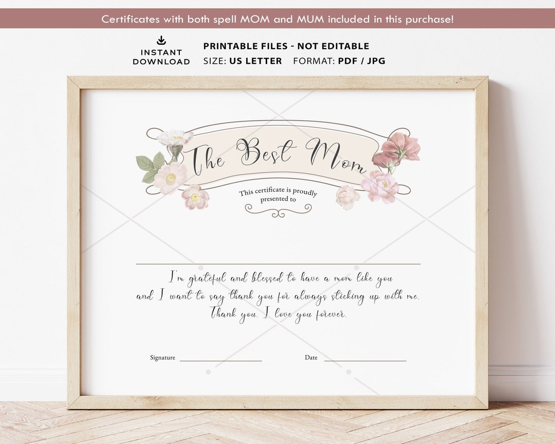 Printable Best Mom Award Certificate Gift for Mom Gift for - Etsy