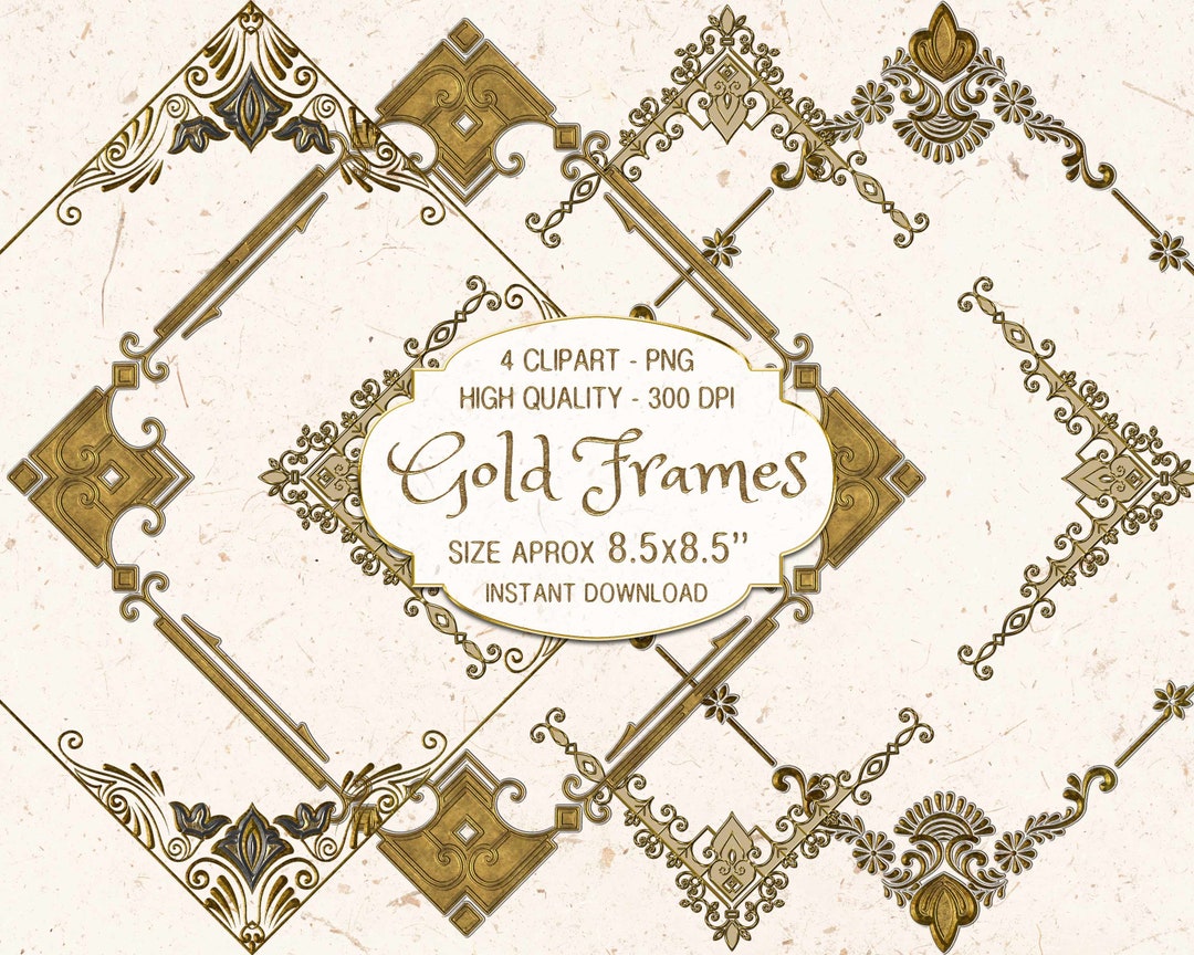 Gold Frames Clip Art Digital Frame Graphics Square Etsy