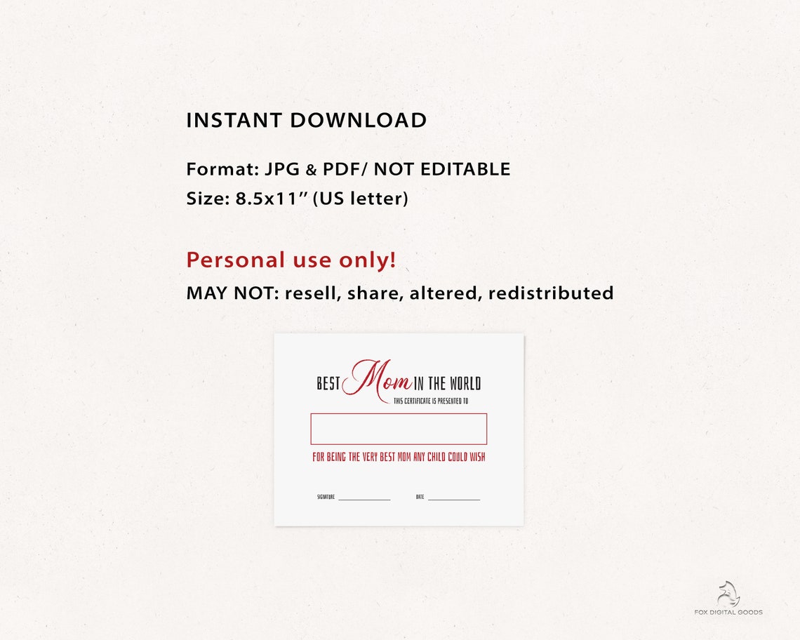 Printable Best Mom Award Certificate, Gift for Mom, Gift for Mother's ...