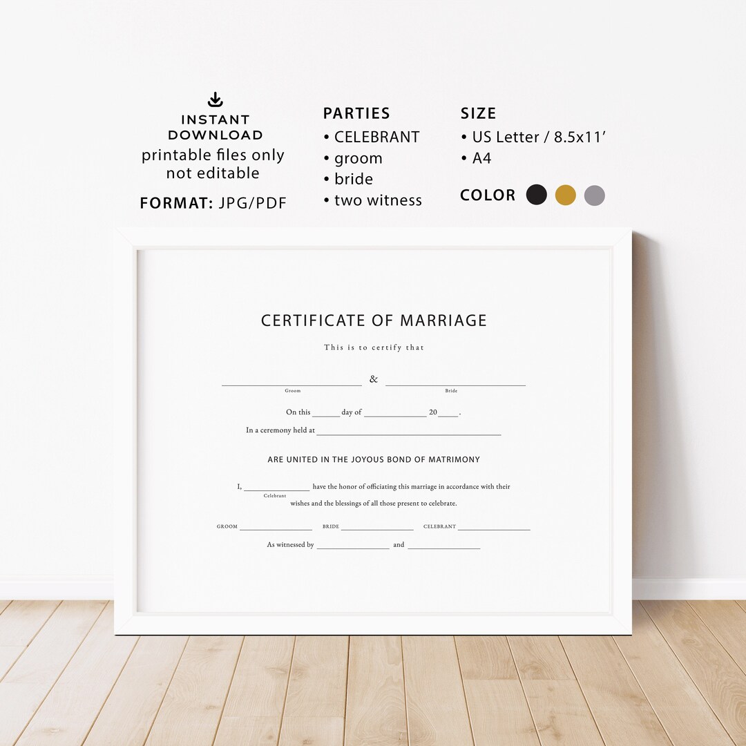 PRINTABLE Wedding Certificate of Marriage, Minimalist Certificate ...