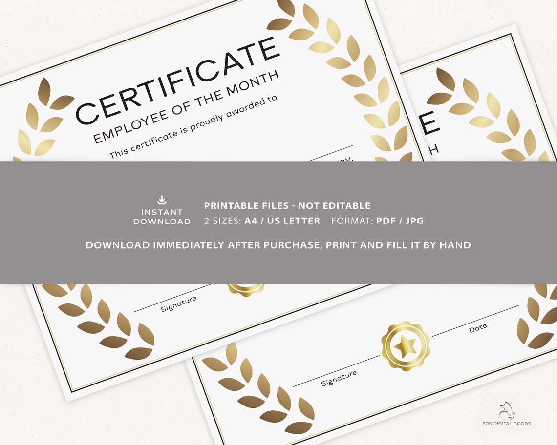 Printable Employee of the Month Award, Employee Recognition, Gift ...