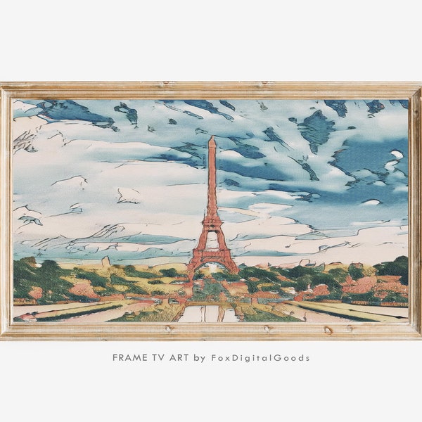 Samsung Frame Tv Art, Digital Art for Tv, Paris Eiffel Tower Frame Art Tv Wallpaper, Paris Panoramic Painting, INSTANT DOWNLOAD