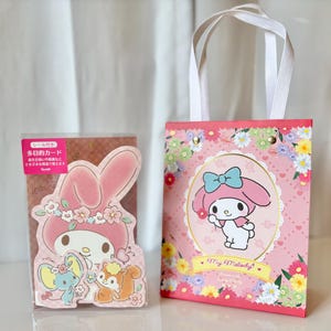 Conjunto de sacola de presente floral de primavera Kawaii My Melody e cartão de felicitações em branco