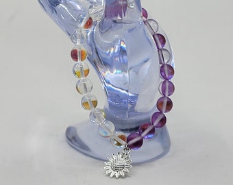 Clear and Purple Mermaid Glass Sunflower Charm Bracelet