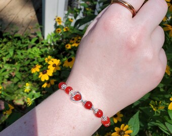 Red Chalcedony and Silver HeartNatural Crystal Bracelet