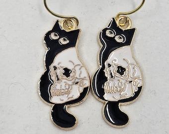 Black Cat and Skull Dangle Earrings