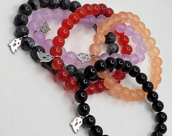 Tiny Ghouls Charm Bracelet with Natural Crystal Beads | Halloween | Spooky
