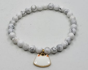 Tiny White Cat Charm Bracelet with Howlite Crystal Beads