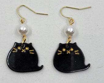 Chubby Black Cat and Pearl Dangle Earrings