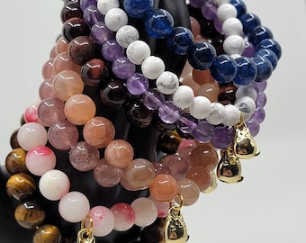 Tiny Gold Kitty Charm Bracelet | Natural Crystal Beads