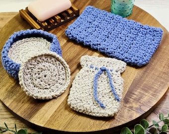 Crocheted Cotton Bath Set, Hand Mitt, Soap Saver, Face Scrubbies, Eco Friendly Spa