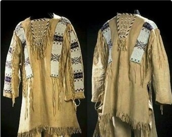 Native American Sioux Style Suede Leather Fringes and Beads Work War Shirt and Pants