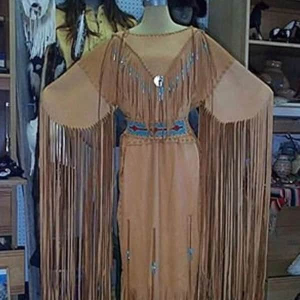 Women Handmade Beige Leather Long Fringes Wedding Dress Beaded Belt Powwow Regalia