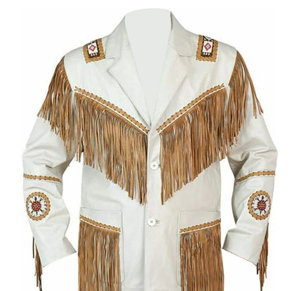 Mens Leather Buckskin Shirt Mountain Man Reenactment Native American White Brown Jacket  Native American
