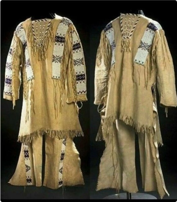 Native American Western Wear Buckskin Suede Leather War Suit Fringe Shirt &  Pant