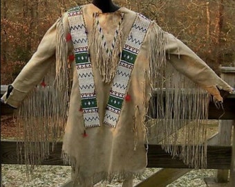 American Native Suede Leather Sioux Western Jacket Fringe & Beads War Shirt