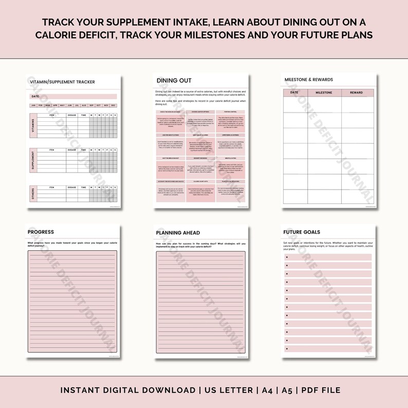 Puede incluir: Un planificador imprimible con un esquema de color rosa y blanco. El planificador incluye secciones para hacer un seguimiento de la ingesta de suplementos, comer fuera de casa, hitos, objetivos futuros y progreso. El texto "TRACK YOUR SUPPLEMENT INTAKE, LEARN ABOUT DINING OUT ON A CALORIE DEFICIT, TRACK YOUR MILESTONES AND YOUR FUTURE PLANS" est&aacute; en la parte superior de la p&aacute;gina.