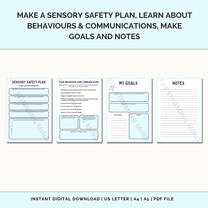May include: Printable worksheet with a light blue background and black text. The worksheet is divided into four sections: Sensory Safety Plan, Your Behaviour and Communication, My Goals, and Notes. Each section has lines for writing.