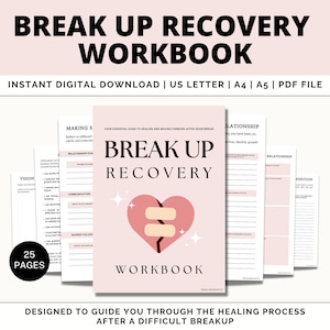 Puede incluir: Un cuaderno rosa titulado "Break Up Recovery" con un gráfico de corazón roto y la palabra "Workbook" debajo. El cuaderno es una descarga digital con 25 páginas, diseñado para guiar a los usuarios a través del proceso de curación después de una ruptura.