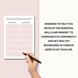 K&ouml;nnte beinhalten: Ein druckbares Arbeitsblatt mit rosa Hintergrund und schwarzem Text. Das Arbeitsblatt soll Ihnen helfen, die wesentlichen F&auml;higkeiten und die Denkweise zu entwickeln, um selbstbewusst zu kommunizieren und gesunde Grenzen in verschiedenen Bereichen Ihres Lebens zu setzen. Das Arbeitsblatt hat zwei Spalten mit den &Uuml;berschriften "H&auml;ufiges Verhalten" und "Emotionen/Gedanken".