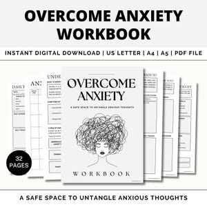 Può includere: Un quaderno bianco intitolato "OVERCOME ANXIETY WORKBOOK" con il testo "A SAFE SPACE TO UNTANGLE ANXIOUS THOUGHTS". La copertina presenta un disegno a tratto di una donna con i capelli aggrovigliati. Include 32 pagine.