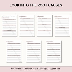Op de afbeelding: Een printbaar werkblad met de titel "Look into the Root Causes" en de ondertitel "Understanding the Root Causes". Het werkblad is verdeeld in secties met koppen zoals "Understanding Experiences", "Rules and Conditions", "Life Story and History" en "Thoughts, Feelings and Behaviors".
